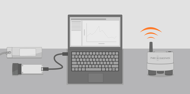 Illustration of an internal logger device (PME miniDOT) connected to a laptop and a telemetric logger (NexSens X3 data logger) connected remotely. The internal device is to the left of the laptop and the telemetric logger is on the right.