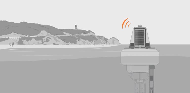 Illustration of a buoy-based radio telemetry system deployed near a beach