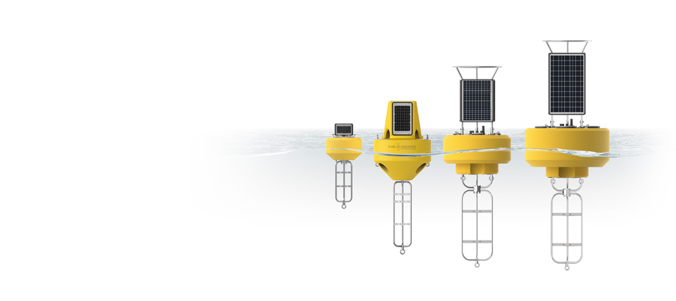 3D rendering of 4 NexSens data buoys side by side in a body of water