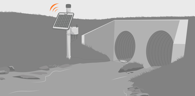 illustration depicting a real-time flow monitoring system near a culvert