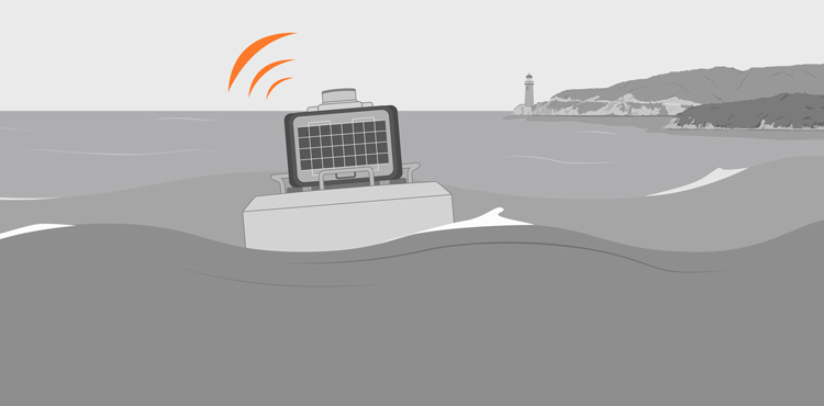 Illustration of a NexSens wave data buoy deployed off of a coast