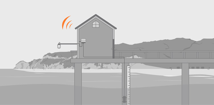 Illustration of a gauge house monitoring the tide on a dock